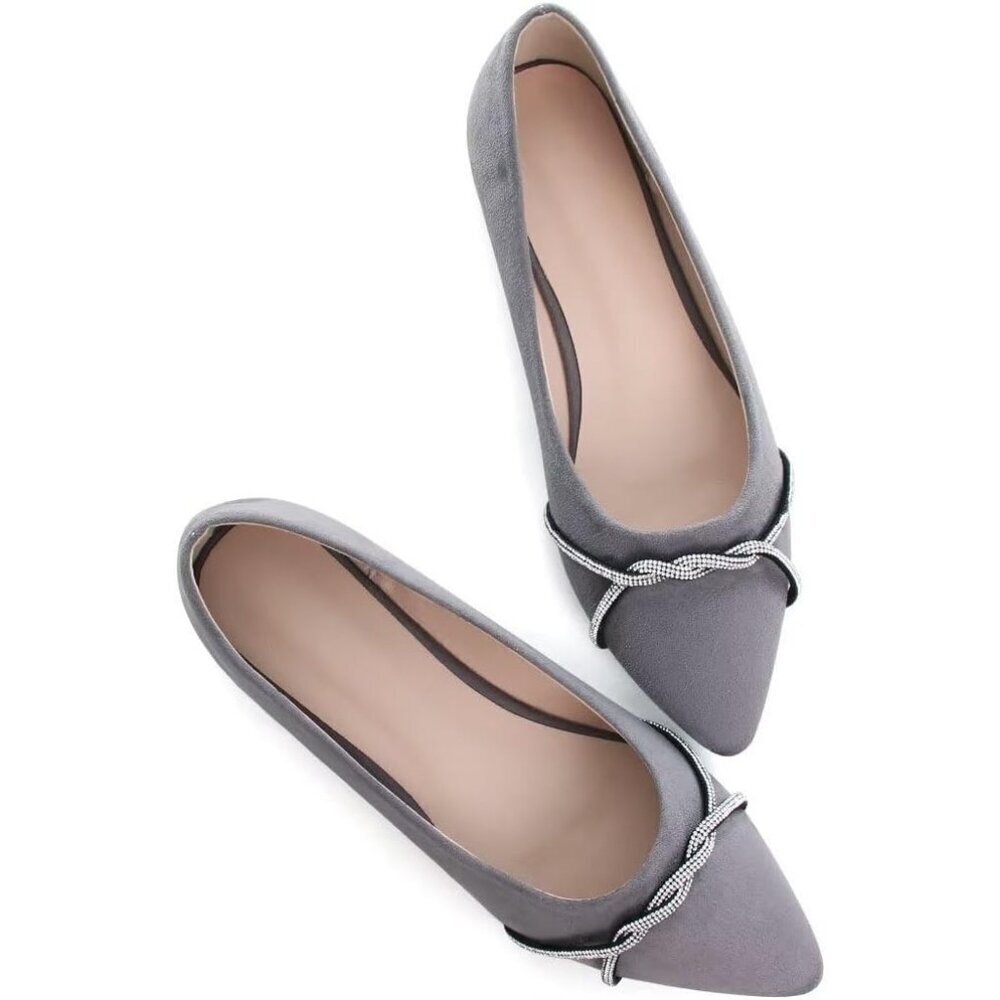 Women's Grey Casual Flats Fashion Chain Pointed Toe Ballet Flat Rhinestone - Picture 4 of 7